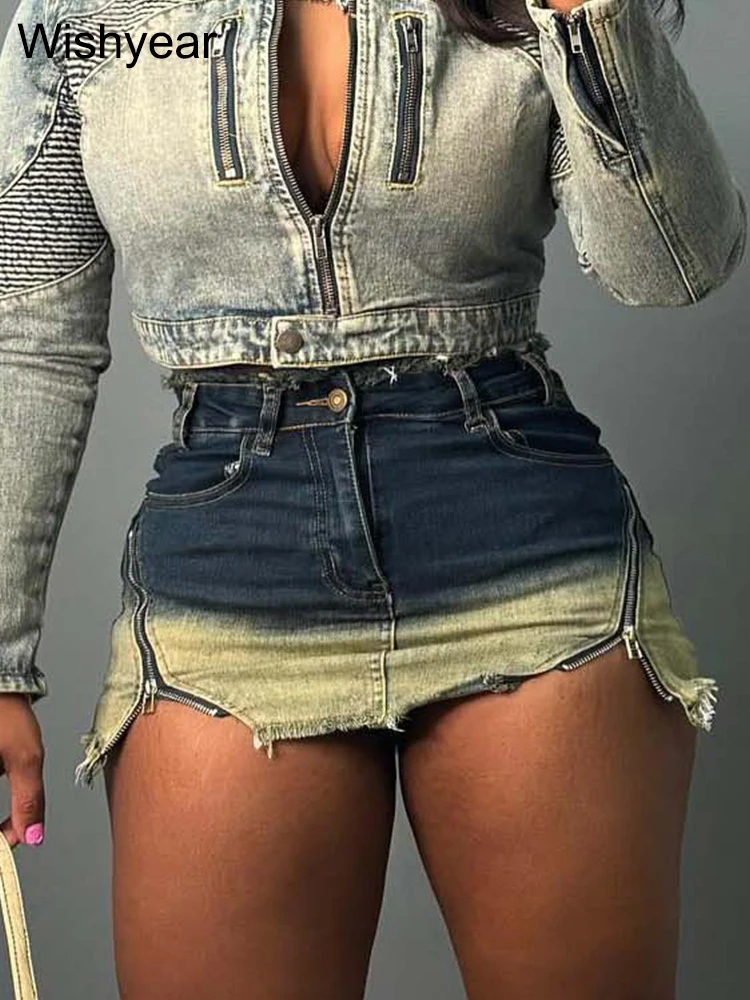 

Vintage Harajuku Gradient Mini Skirts Women Stretch Denim Zipper Streetwear Female Night Club Party Summer Birthday Jean Dress