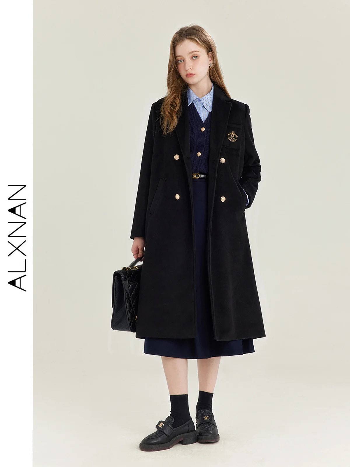 

ALXNAN Elegant Single-sided Tweed Coat For Women 2024 Winter New Midi Thickened Quilted Black Suit Female Warm Long Coat T01026