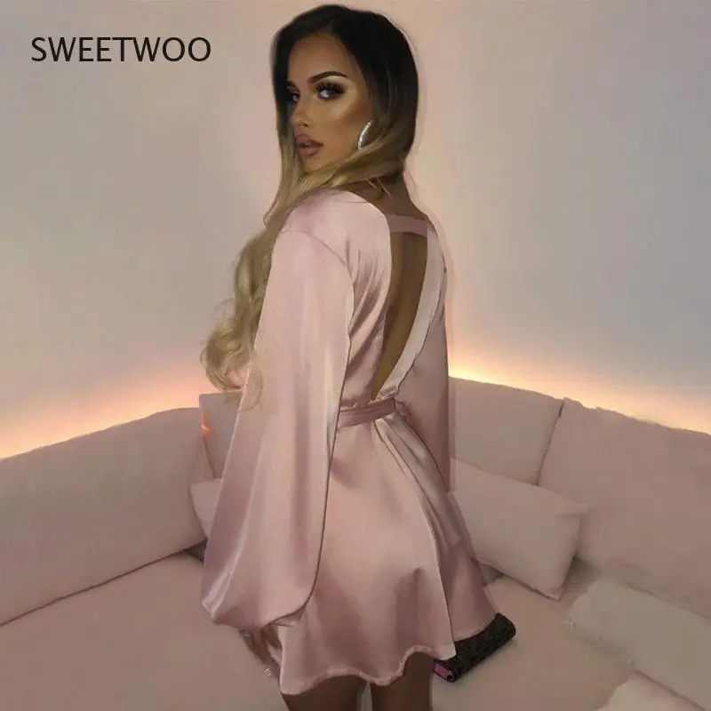 

Spring Autumn Women's New Chic Deep V Neck Dyed Cropped Party Dress Elegant Backless A-Line Dyed Mini Dress Belted Clubwear