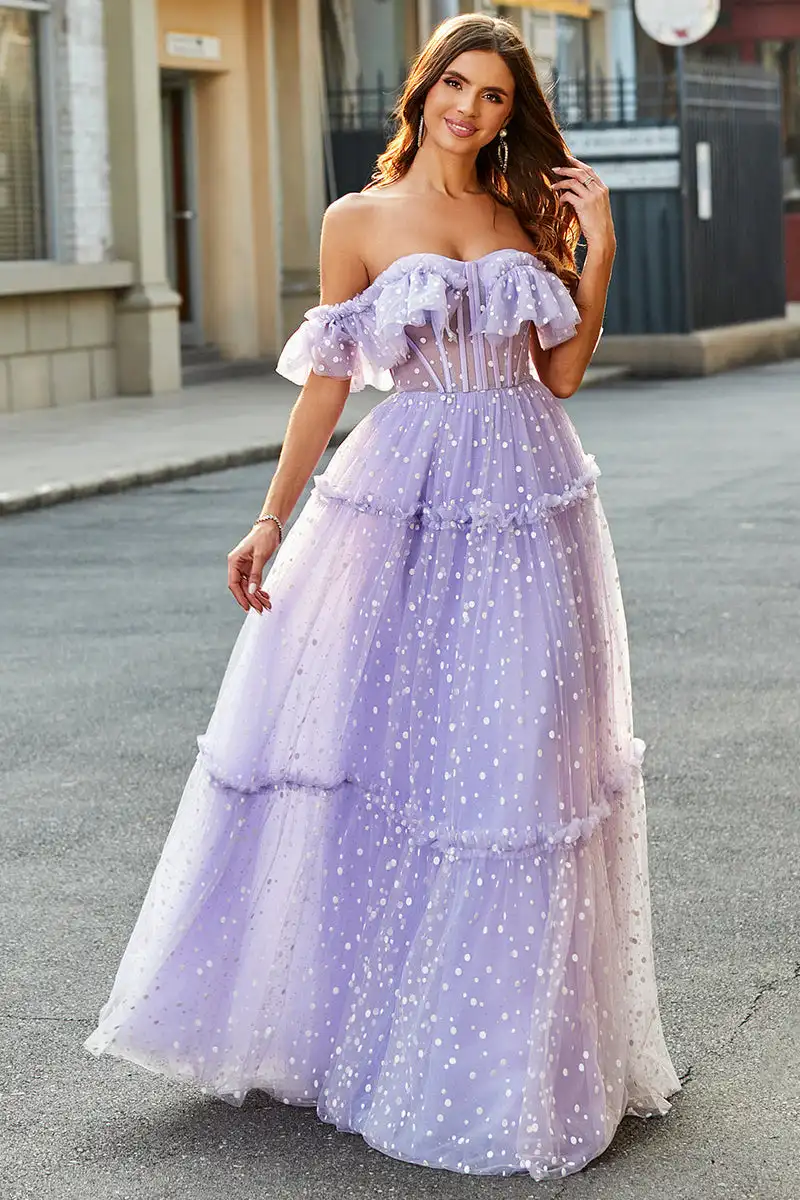 

Off the Shoulder A-line Evening Dresses Dot Tulle Sweetheart Ruched Pleats Princess Dress Elegant Backless Lace Up Prom Gowns