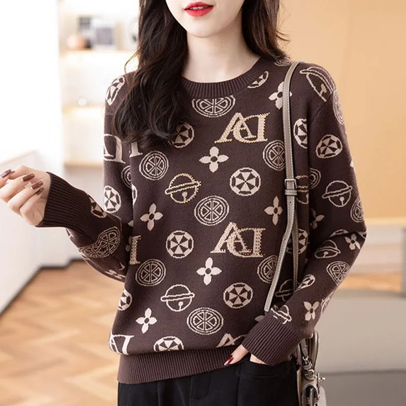 

Autumn and Winter Fashion Trend Round Neck Pick Colored Flower Loose and Versatile Western Women's Knitted Long Sleeve Sweater