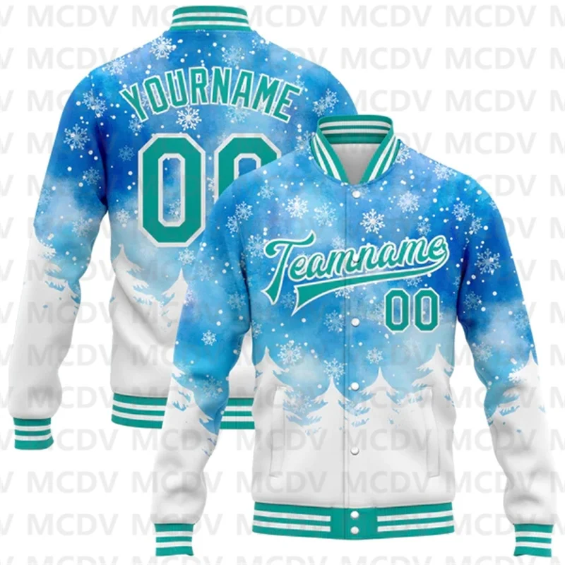 

Custom Royal Aqua-White Watercolor Forest Winter Snow Landscape 3D Pattern Design Bomber Full-Snap Varsity Letterman Jacket