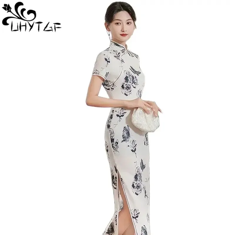 

Women Dress Chinese National Style Floral Vintage Stand Collar High Side Split Chinese Knot Buttons Cheongsam Dress Female 2960