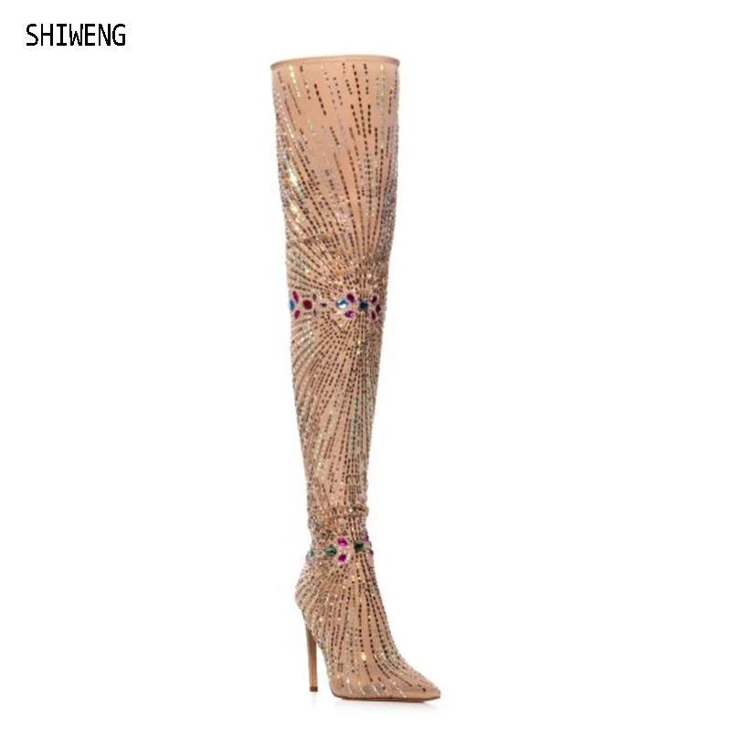 Luxury Women Nude Mesh Bling Crystal Rhinestone Pointed Toe Boots Thin High Heel Slim Over The Knee Socks Boots 44
Luxury Women Nude Mesh Bling Crystal Rhinestone Pointed Toe Boots Thin High Heel Slim Over The Knee Socks Boots 44