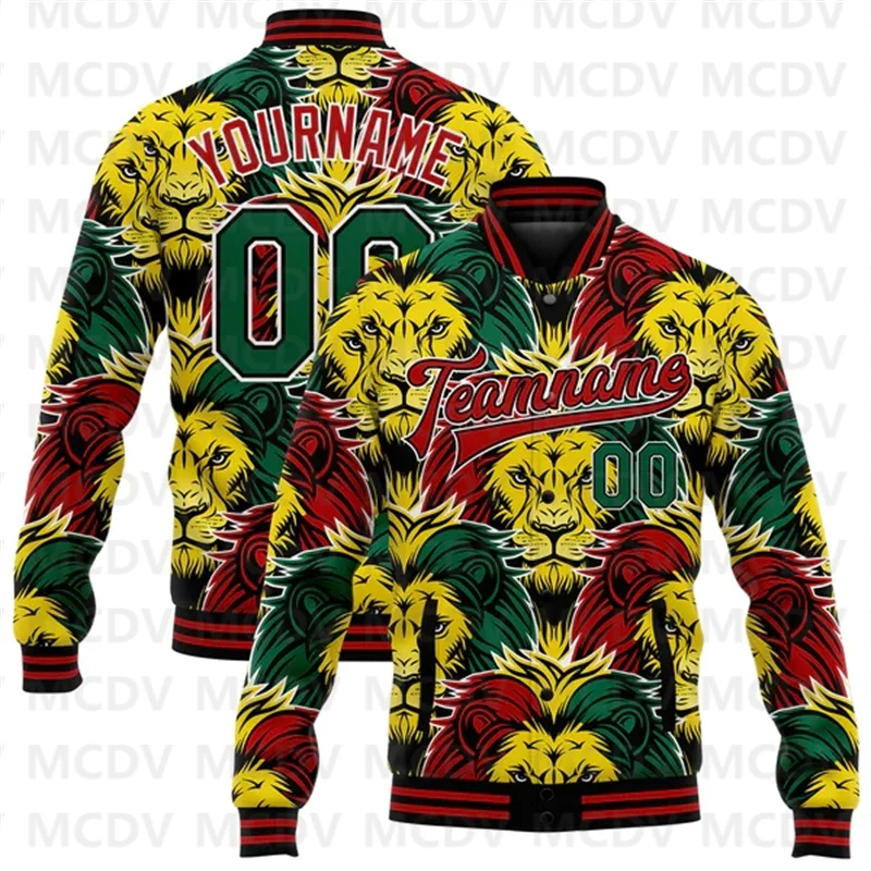 

Custom Black Kelly Green Red-Gold Black History Month Lion 3D Pattern Design Bomber Full-Snap Varsity Letterman Jacket