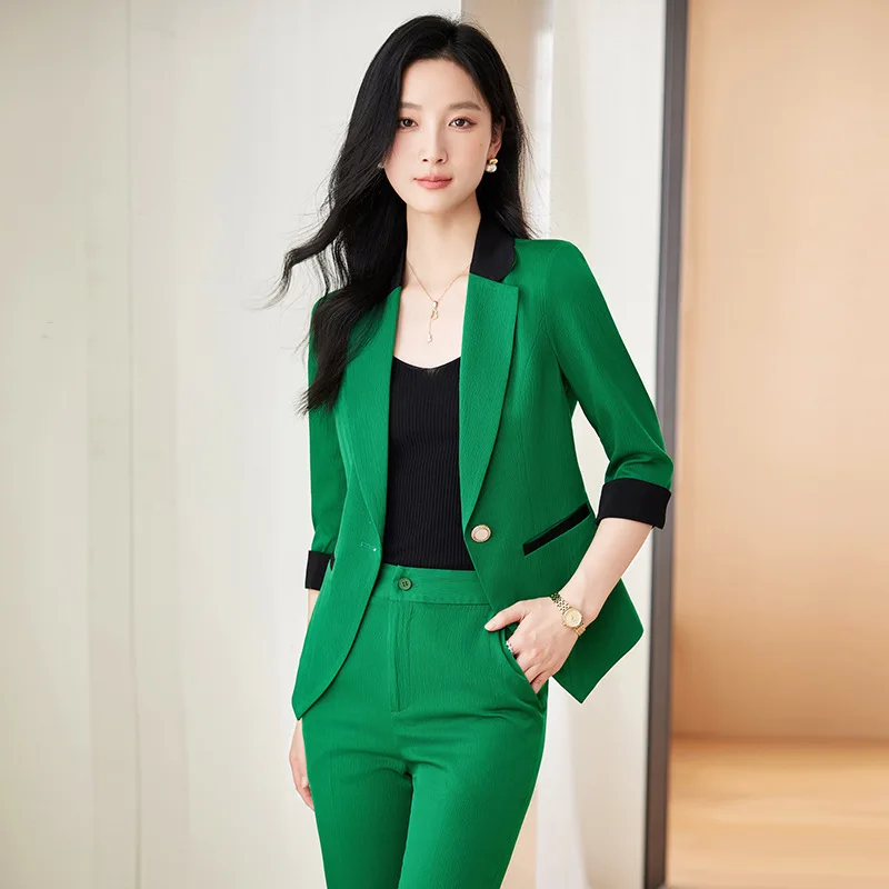 

Formal Uniform Styles Women Pantsuits with Pants and Jackets Coat Half Sleeve Office Business Work Wear Career Interview Blazers