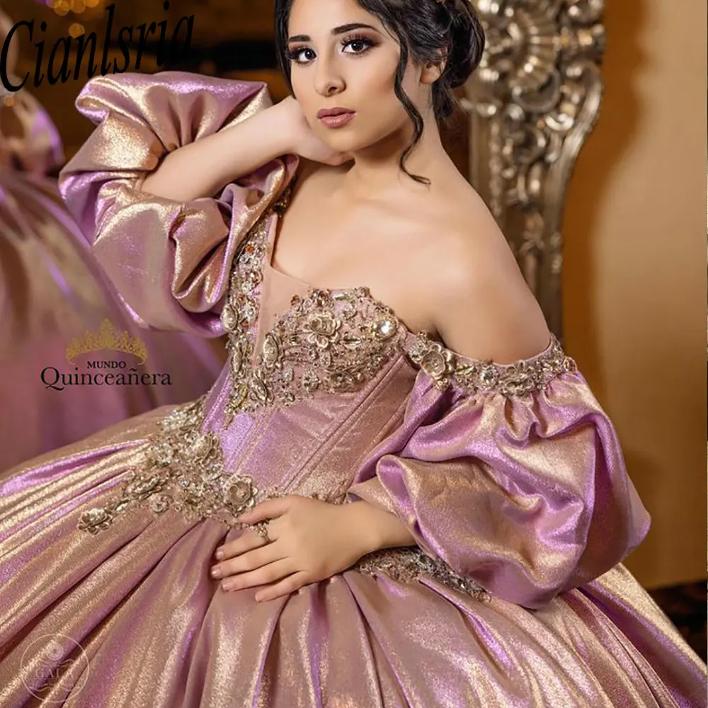 

Pink 3D Flowers Beading Quinceanera Dresses Off The Shoulder Gold Appliques Lace Corset Prom Ball Gown Sweet 16 15 Robe