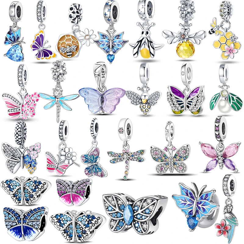 

2024 925 Silver Fit Original Pandora Bracelet Pave Bee Dragonfly Sparkling Butterfly Charm Dangle DIY Women Fashion Jewelry