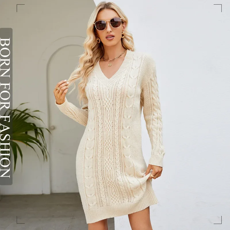 Casual Women's Solid V-Neck Long Woolen Dress 2023 New Winter Fashionable Style with Thin Twisted Flower Bottom Knitted Dress
Casual Women's Solid V-Neck Long Woolen Dress 2023 New Winter Fashionable Style with Thin Twisted Flower Bottom Knitted Dress