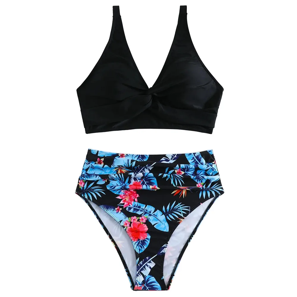 

Tropical Print V Neck Bikini Sets, Twist Front Top & High Waist Panty Swimsuit Two Piece Set, Women's Swimwear & Beachwear