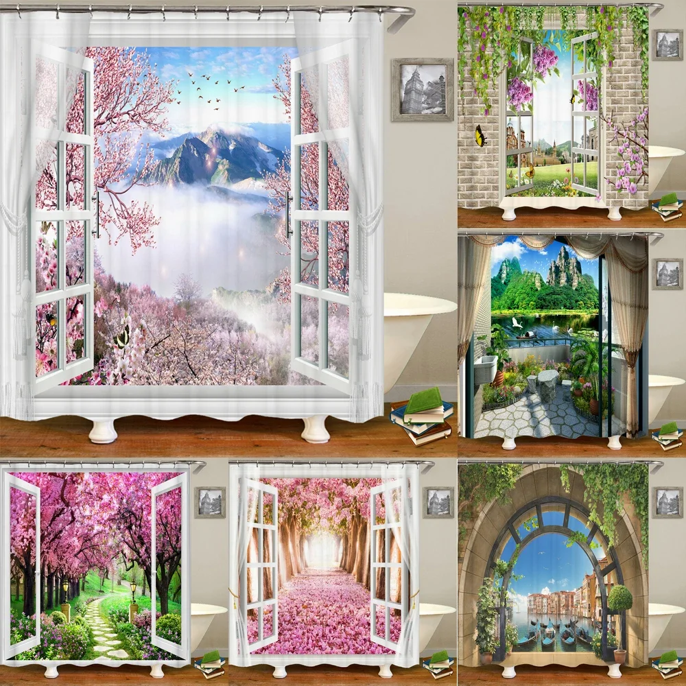 

3D window opening scenery window landscape printed shower curtain mildew washable curtain bathroom decoration with hooks curtain