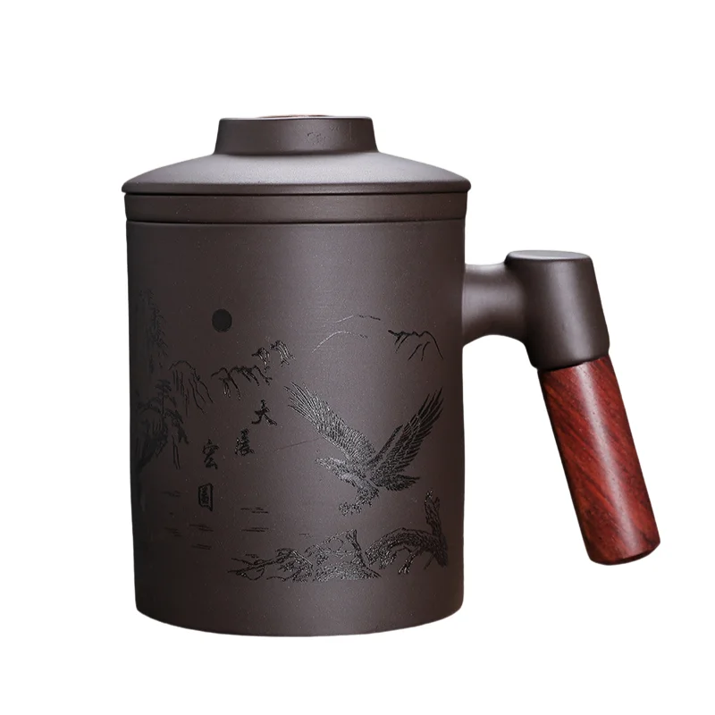 

Purple Clay Wooden Handle Teacup with Lid Filter, Office Mark Cup, Portable Drinking Utensils, Personality, I042, 400ml