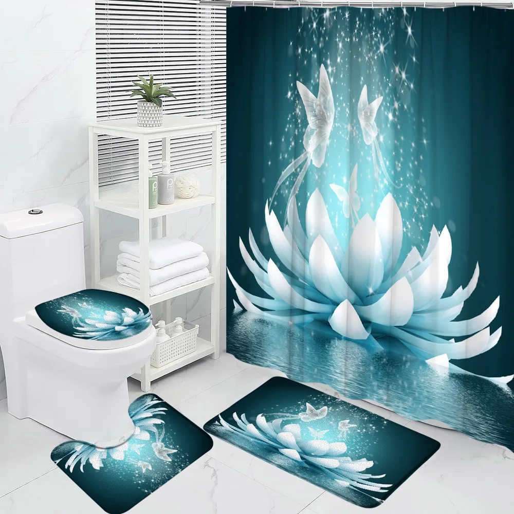 

4Pcs Lotus Shower Curtain, Colorful Magical Lotus Flower Zen Life Ancient Meditation Yoga Home Bathroom Decor Rug Toilet Cover