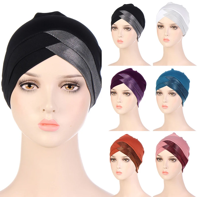 

Muslim Turban Forehead Cross Stretch Cotton Pure Color Inner Hijabs For Caps Ready To Wear Women Head Scarf Under Hijab Bonnet