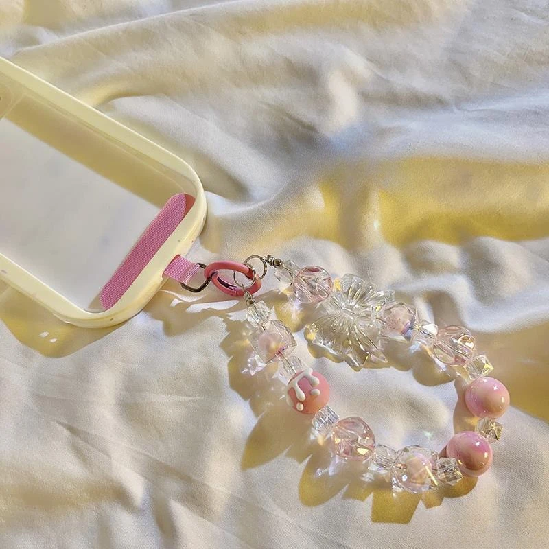 

Japan and South Korea gentle pink bow big bead bracelet mobile phone shell girlhood hand chain beaded mobile phone chain lanyard