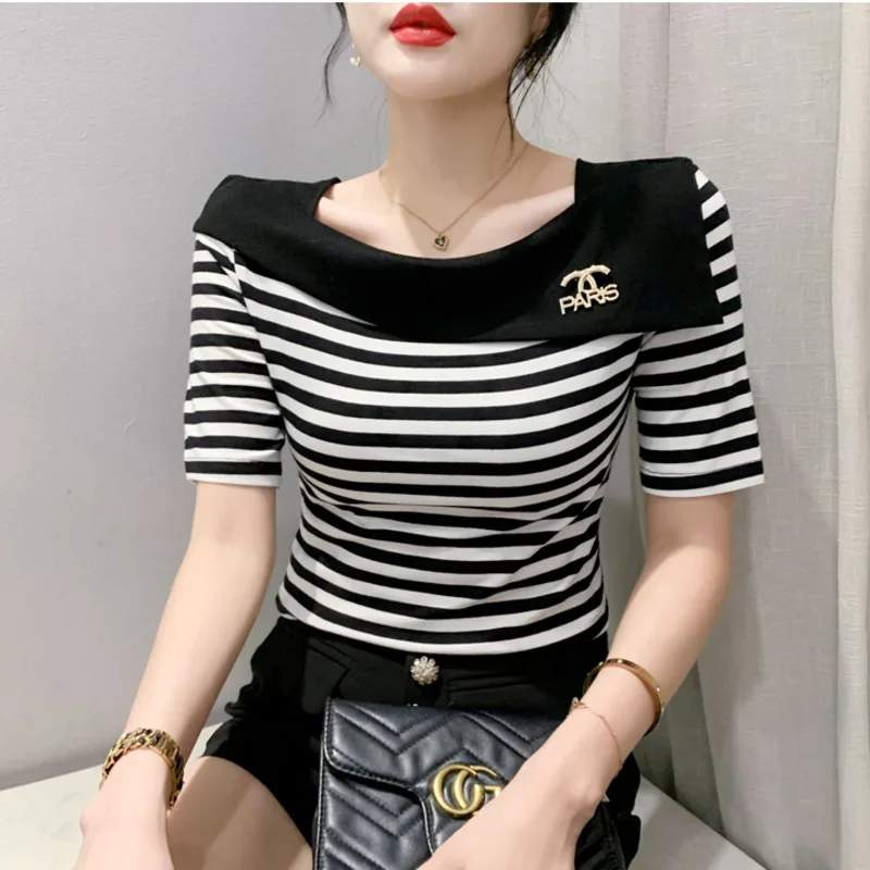 

#5412 Black White Striped Short T Shirt Women Slash Neck Embroidery Letters Short Tshirt Short Sleeve Slim Sexy Office T-shirt