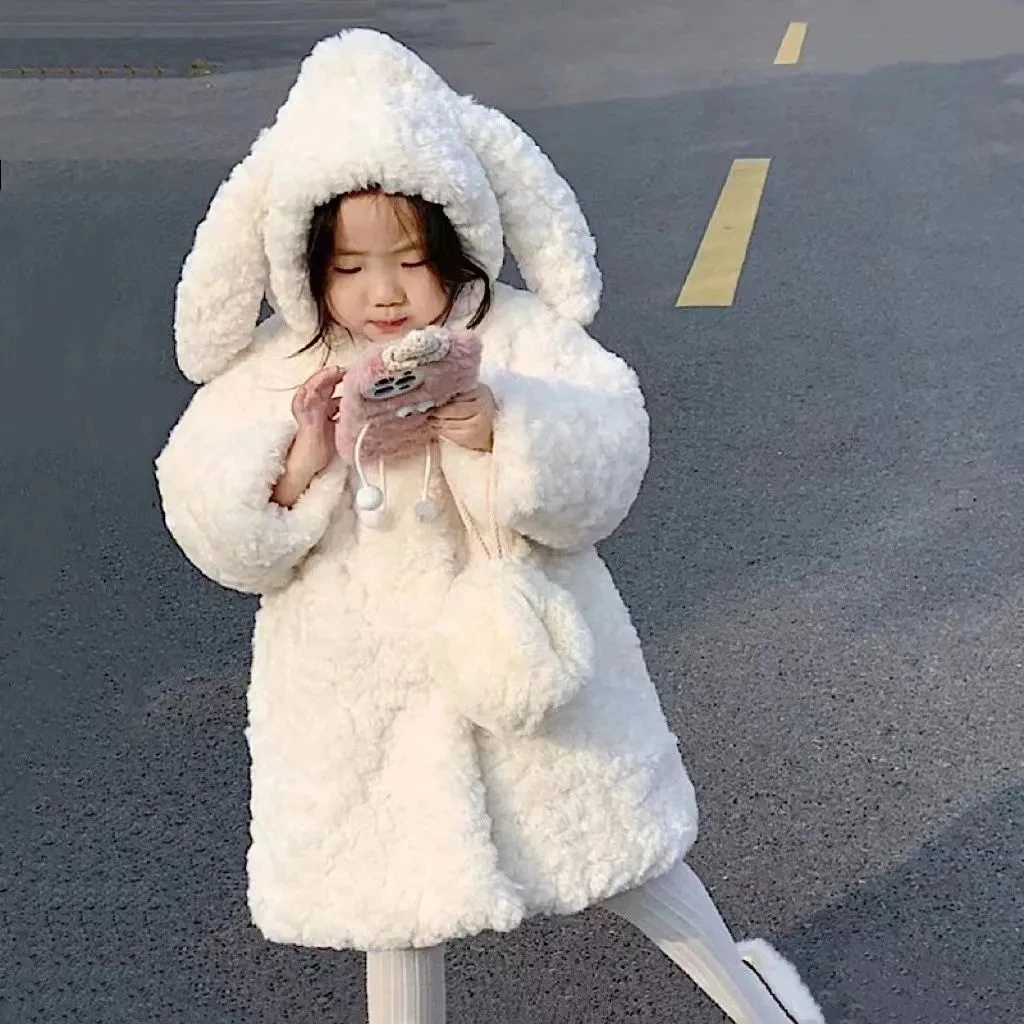 

1-9 Years Toddler Baby Winter Lambswool Jacket Coat for Girls Cute Rabbit Ear Hooded Overcoat KidsThick Warm Outwear Windbreaker