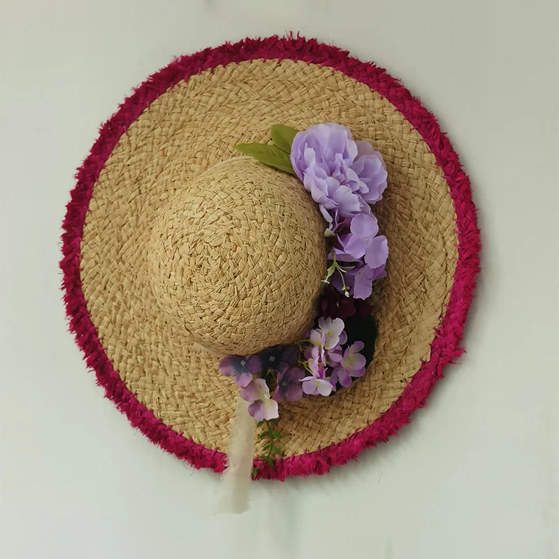 

Straw hat wide brim Hand-made Women Flower Straw Beach Multicolor Artificial Flowers Bright Color Hat sun Casual Summer Vacation