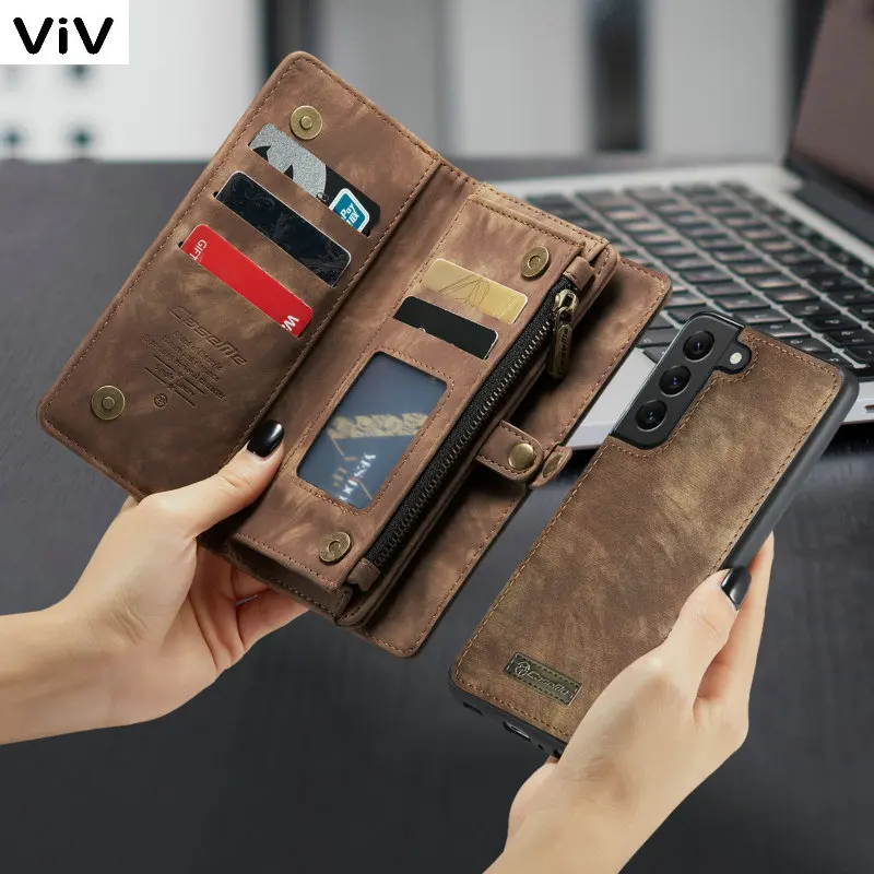 

2021 CaseMe Leather Case For Samsung Galaxy S21 Ultra S8 S10 Plus Zipper Wallet 2 In1 Design S20 S23 Card Slots Phone Cover