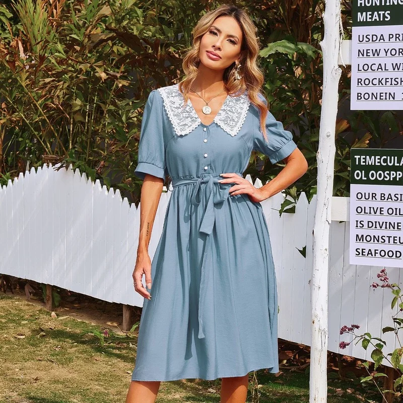 Новое кружевное платье с воротником «Питер Пэн», летнее женское платье-пуловер с длинным рукавом и поясом, элегантное красное платье с высокой талией 
Новое кружевное платье с воротником «Питер Пэн», летнее женское платье-пуловер с длинным рукавом и поясом, элегантное красное платье с высокой талией