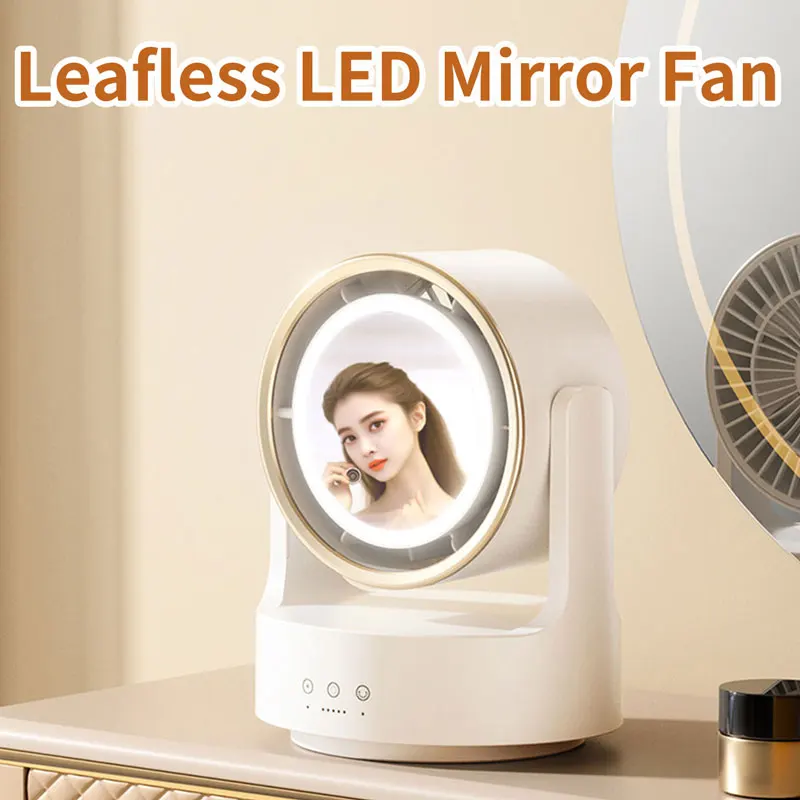 

USB Electric Fan Leafless Led Makeup Mirror Mini Portable Air Conditioner Air Circulators Wireless Camping Cooler Fill Light