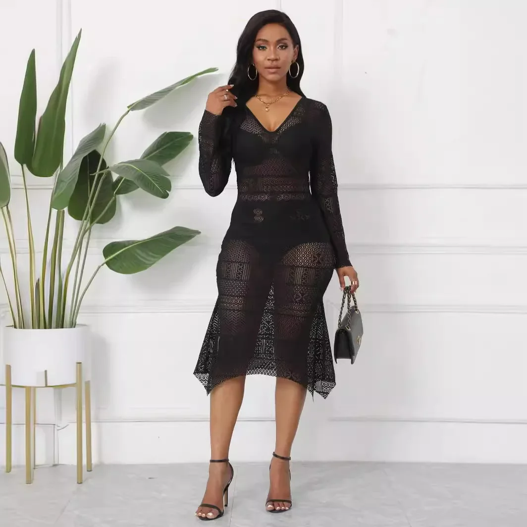 Women Sexy Black Lace Club Party Irregular Midi Dresses 2024 Spring Summer New Long Sleeve V-neck See Through Hollow Out Dress
Women Sexy Black Lace Club Party Irregular Midi Dresses 2024 Spring Summer New Long Sleeve V-neck See Through Hollow Out Dress