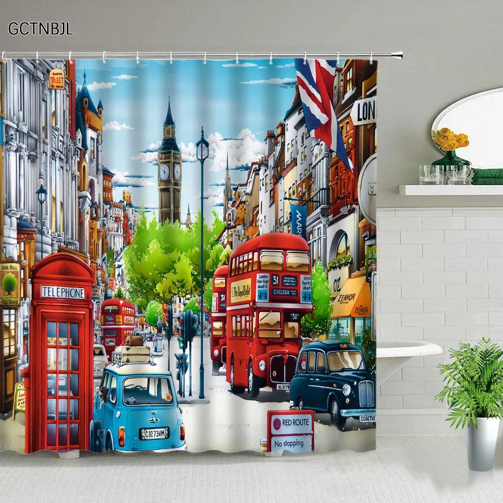 

Лондонская уличная занавеска для душа, ретро картина маслом, Европейский городской пейзаж, красный автобус, штора из полиэстера, изделие для ванной комнаты