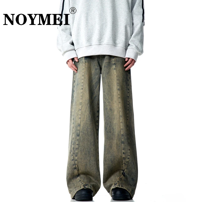 

NOYMEI American Style Jeans Men's Patchwork Washed Worn Out Straight Dragging Loose Pants 2024 Spring New Trousers Chic WA3811