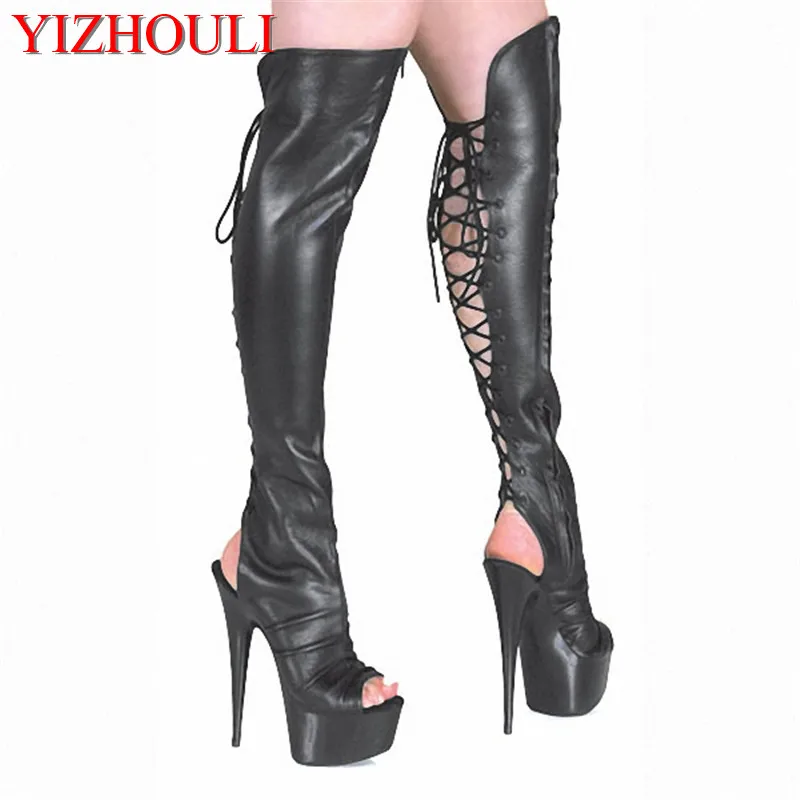 

15 cm high heels, matte black knee-high women's boots, peep-toe sandals, 6 inch high heels, thigh high dance shoes