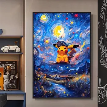 반 고흐 별이 빛나는 하늘 포켓몬 애니메이션 피규어, 피카츄 수채화 그림 캔버스 포스터 및 프린트, 거실 벽 아트 그림
