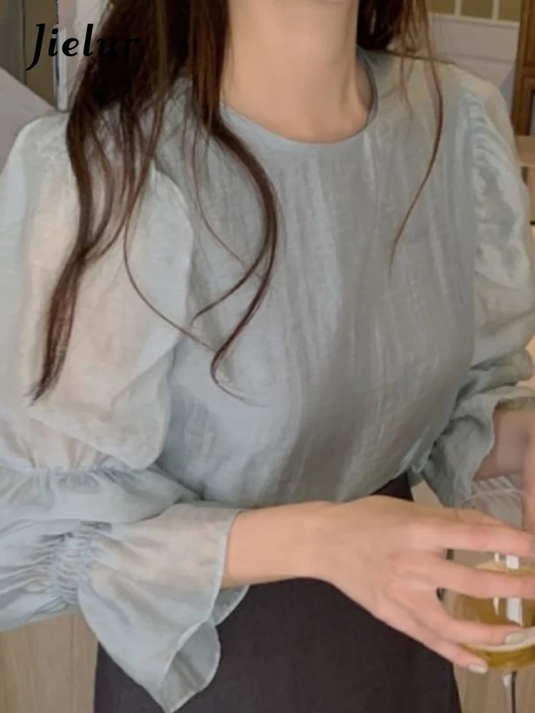 

Jielur 2022 Spring Fenimine Korea Chic Tops Blusas Women Fashion Flare Sleeve Solid Cross Criss Bow Tie Shirt Blouses
