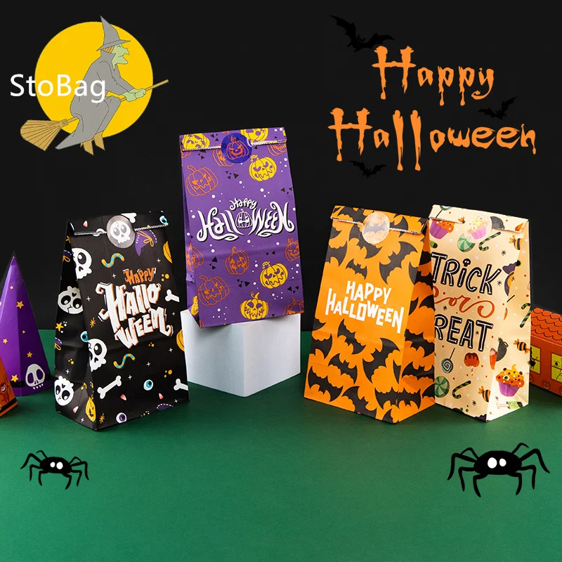 

StoBag-Halloween Candy Gift Bag Paper Container Cookies Popcorn Snack Chocolate Bread Packaging Supplies Kids Event Party 24Pcs