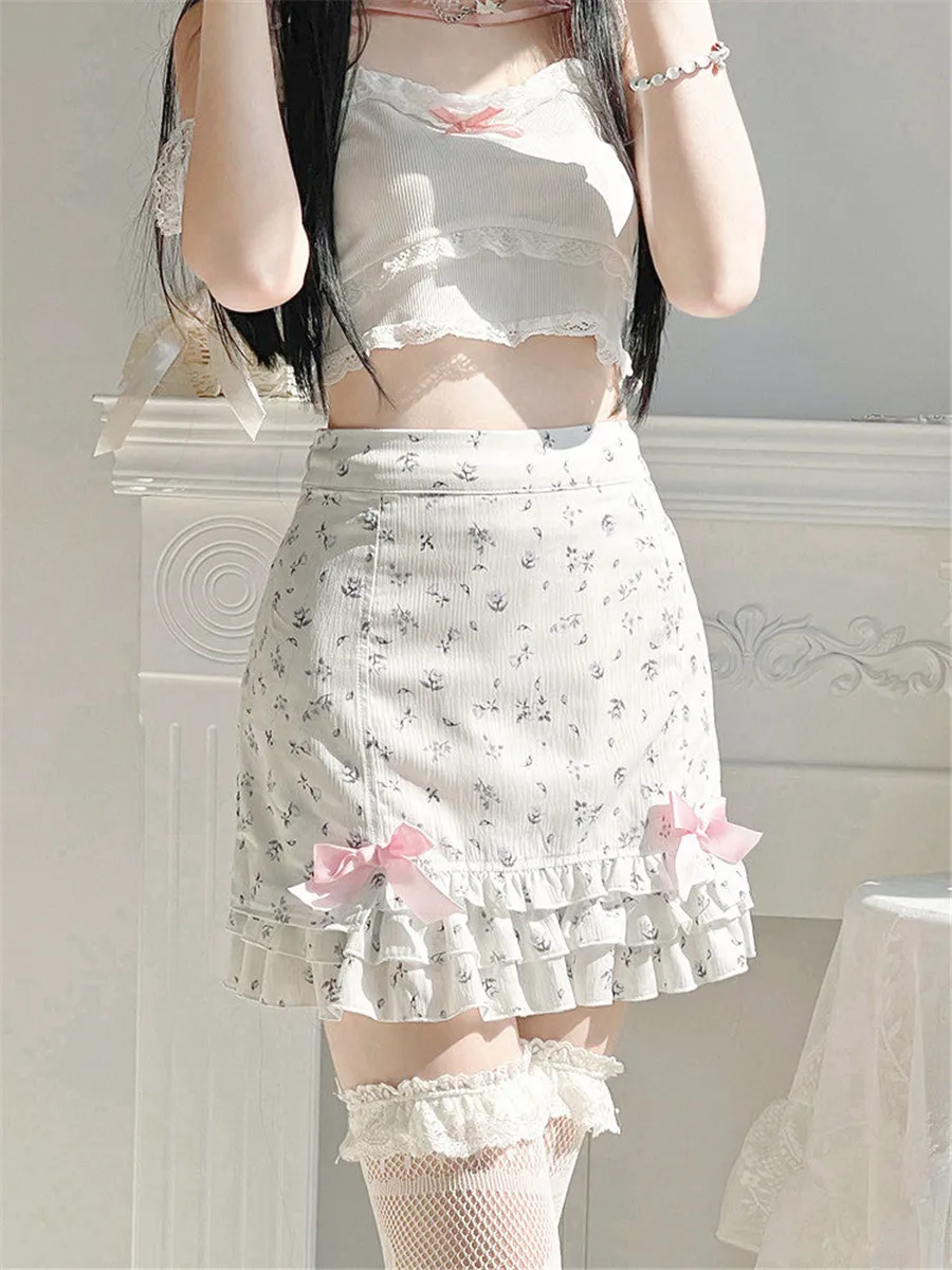 

Women Floral Prints Mini Skirt with Bow High Waist Tiered Ruffles Hem Pencil Short Skirts for Belle Dance Party Kawaii Lolita Jk