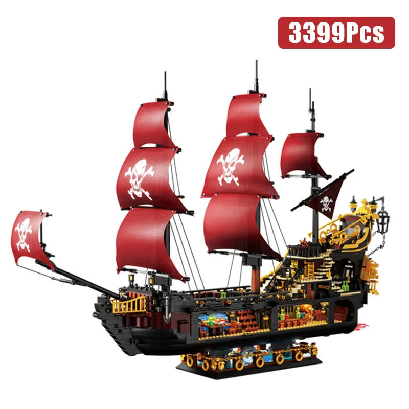 

Creative 3399Pcs Caribbeaned Anna Queen Pirate Ship Sailboats Model Building Blocks Piratical Vessel Mini Bricks Toys Adult Gift