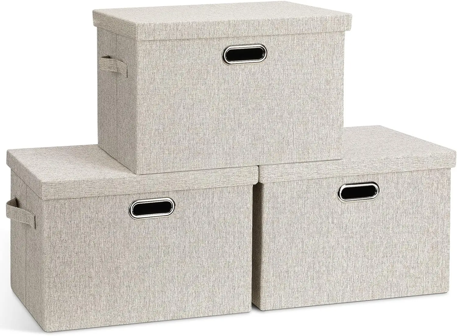 

Large 17" 36 Quart Collapsible Stackable Storage Bins with Lids, 3 Packs Beige Linen Fabric Closet Boxes with Lids