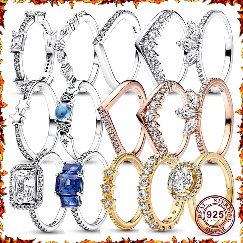 

New Hot 925 Silver Sparkling Meteor Cross Wishing Bone Specimen Female Crown Sign Ring High Quality Original DIY Charm Jewelry