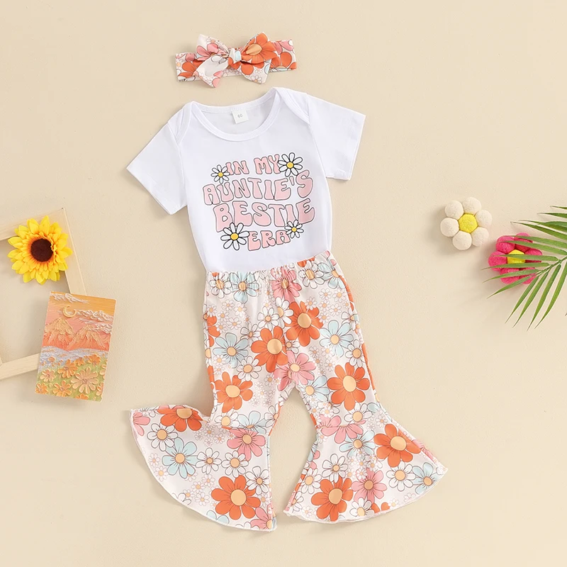 

Комплект летней одежды для новорожденных девочек 0-18 месяцев, комбинезоны с коротким рукавом и буквенным принтом, расклешенные брюки с цветочным принтом, повязка на голову, 3 шт.
