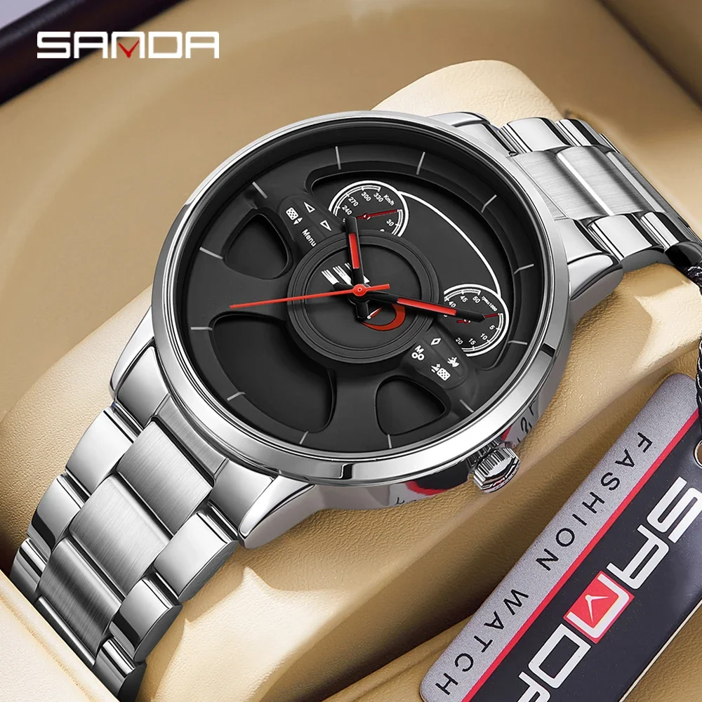 

SANDA P1138 Hot Sell Stainless Steel Band Watch Premium Quartz Movement Car Rim Wheel Shaped Rotating Dial Relogio Masculino