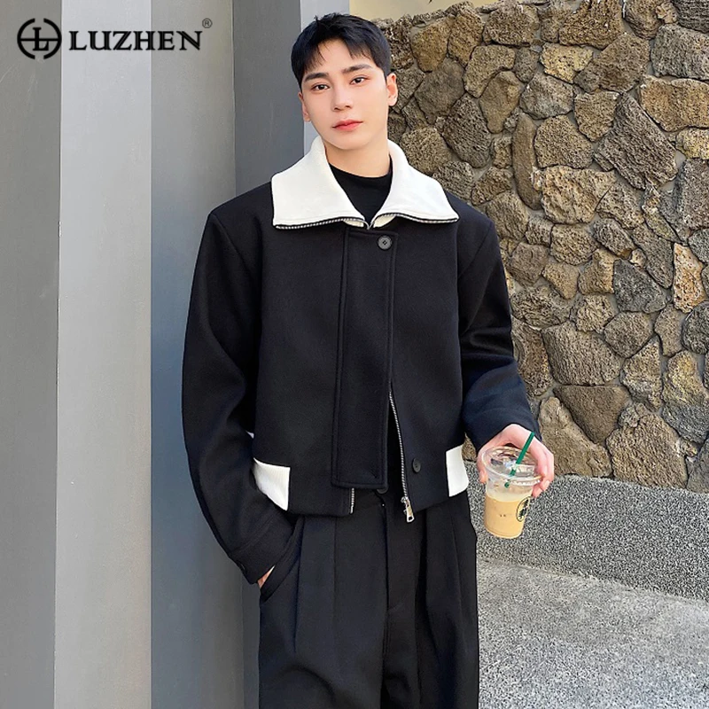 

LUZHEN Autumn Winter Men's Thicken Short Woolen Coat Personality Contrast Color Wide Shoulder Casual Outerwear Trendy New 82d29d