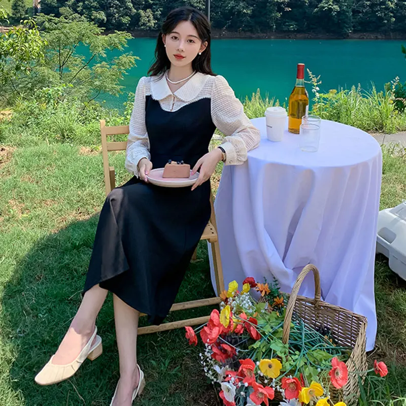 Autumn Elegant Black Women Dress Retro Lace Patchwork Peter Pan Collar Korea Princess Long Sleeve Party A Line Dress Vestido 
Autumn Elegant Black Women Dress Retro Lace Patchwork Peter Pan Collar Korea Princess Long Sleeve Party A Line Dress Vestido