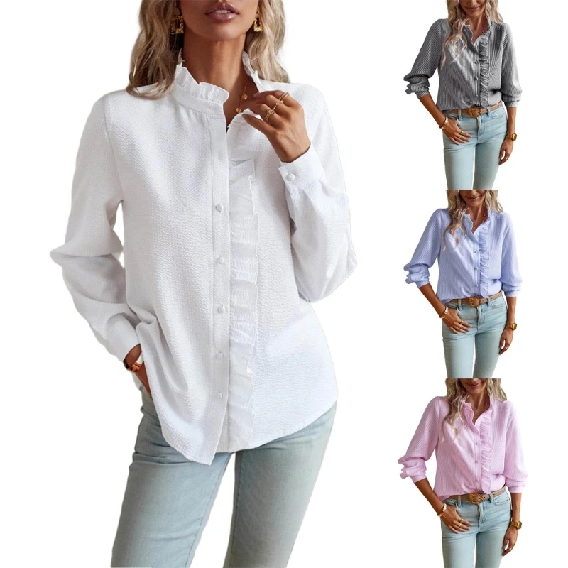 

Women's Long Sleeve Button Down Shirts Ruffle Collared Button Up Shirt Blouse Tops Casual Cardigans Tunics Tops Y1QD