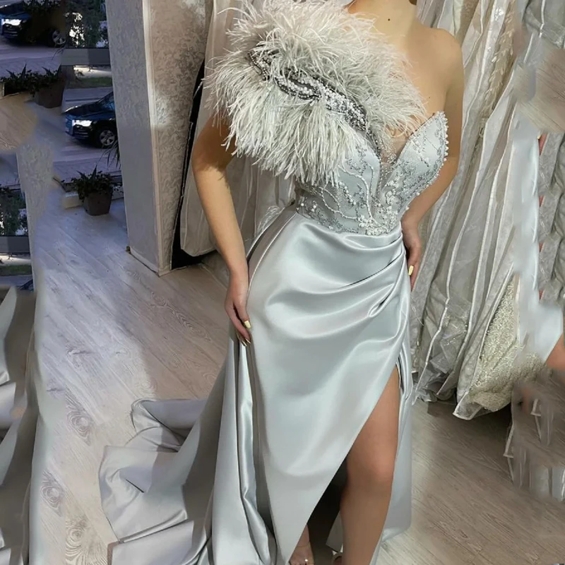 

VENUS 2024 One-Shoulder Prom Dresses Mermaid Beading Formal Dresses Pearls Evening Dress Feathers Open Leg Party Dress