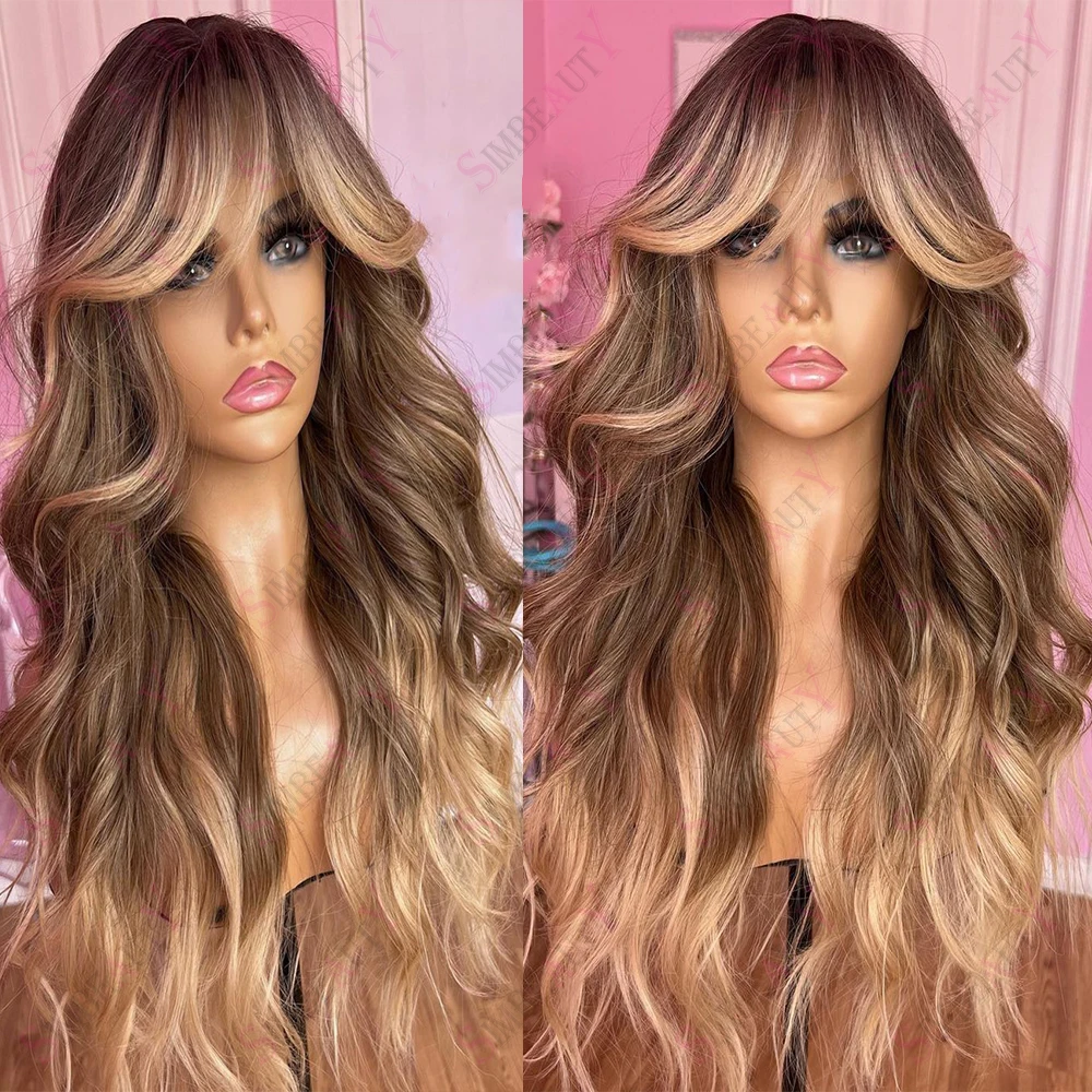 

Ombre Blonde Bangs 360 Lace Frontal Wig Brazilian Remy 13x6 Lace Front Human Hair Wig with Fringe Glueless 5X5 Closure Wig