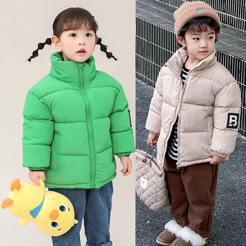 

2023 Boys Girls Bread Jacket Solid Color Thick Keep Warm Hooded Short Coat For 3-12Y Kids Fashion Stand Collar Leisure outerwer