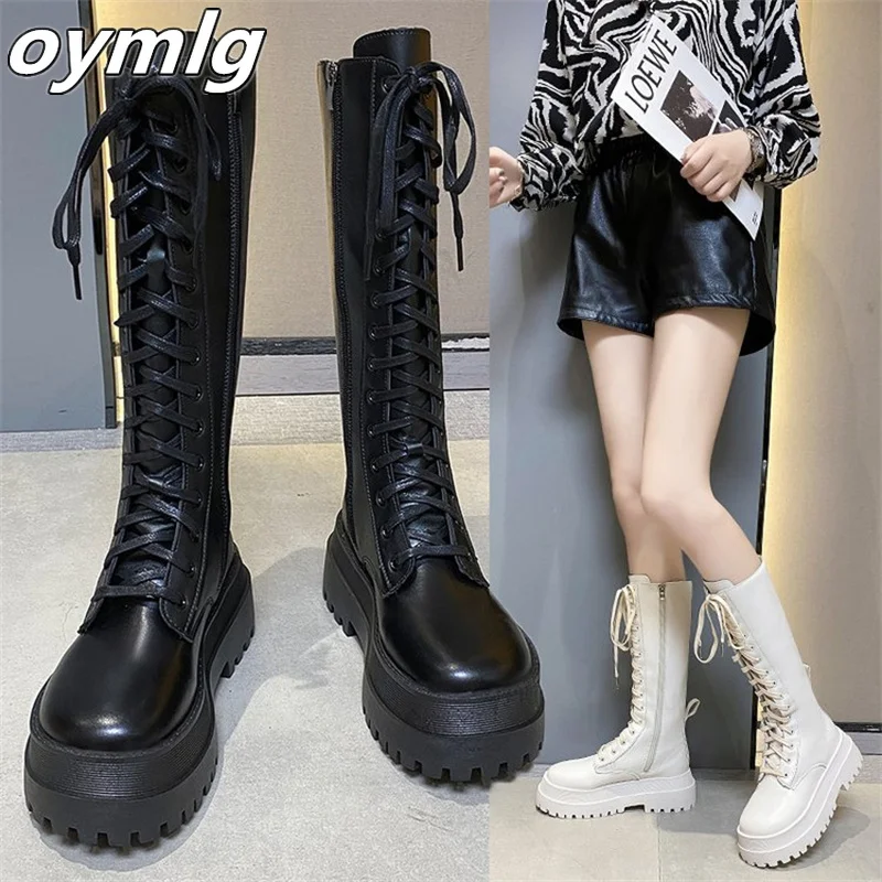 

Long boots women's 2022 spring and autumn new fashion muffin heel side zipper lace thick sole high heel skinny knight boots