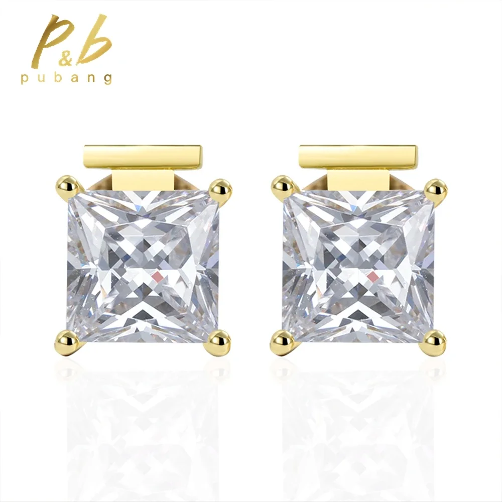 

PuBang Fine Jewelry 925 Sterling Silver Princess Cut Created Moissanite Diamond 14K Gold Stud Earrings for Women Engagement Gift