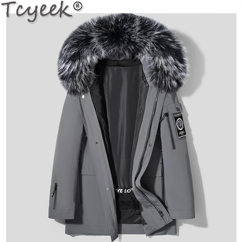 

Зимняя мужская куртка Tcyeek, пальто из натурального меха с капюшоном, парка средней длины с подкладкой из кроличьего меха, тонкая мужская одежда, теплый воротник из меха енота