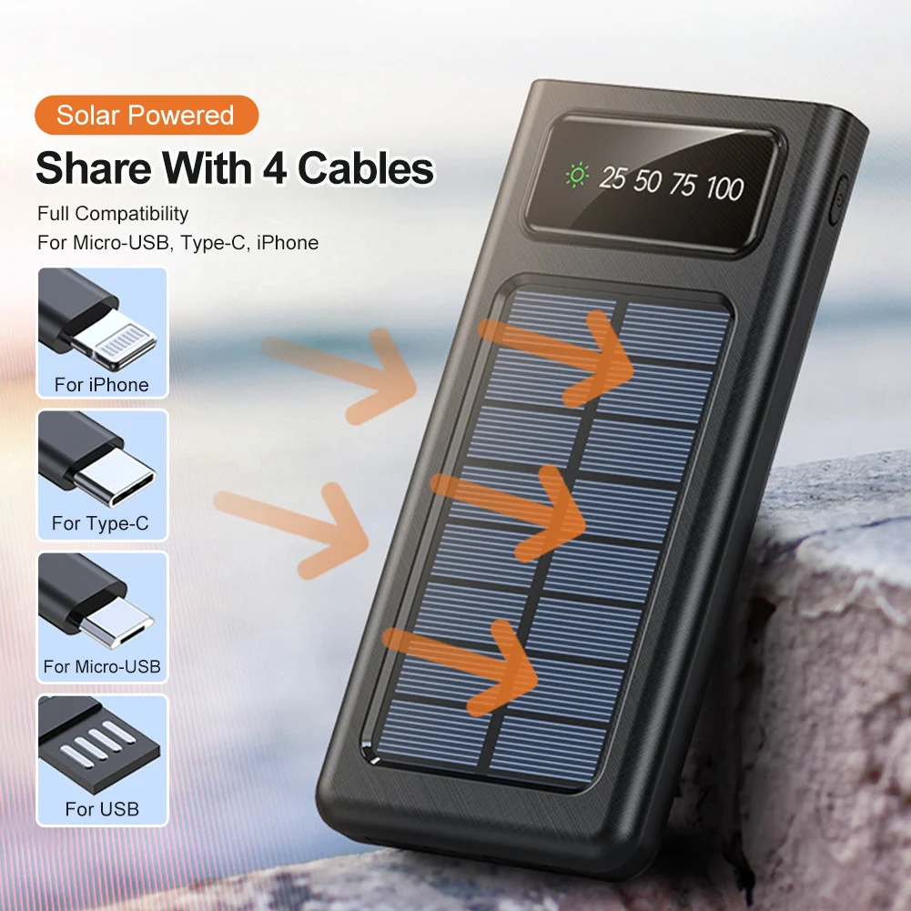 30000mAh Solar Power Bank LED Light Solar Portable Charger With Built-in 4 Cables Suitable For Xiaomi IPhone Outdoor Camping
30000mAh Solar Power Bank LED Light Solar Portable Charger With Built-in 4 Cables Suitable For Xiaomi IPhone Outdoor Camping