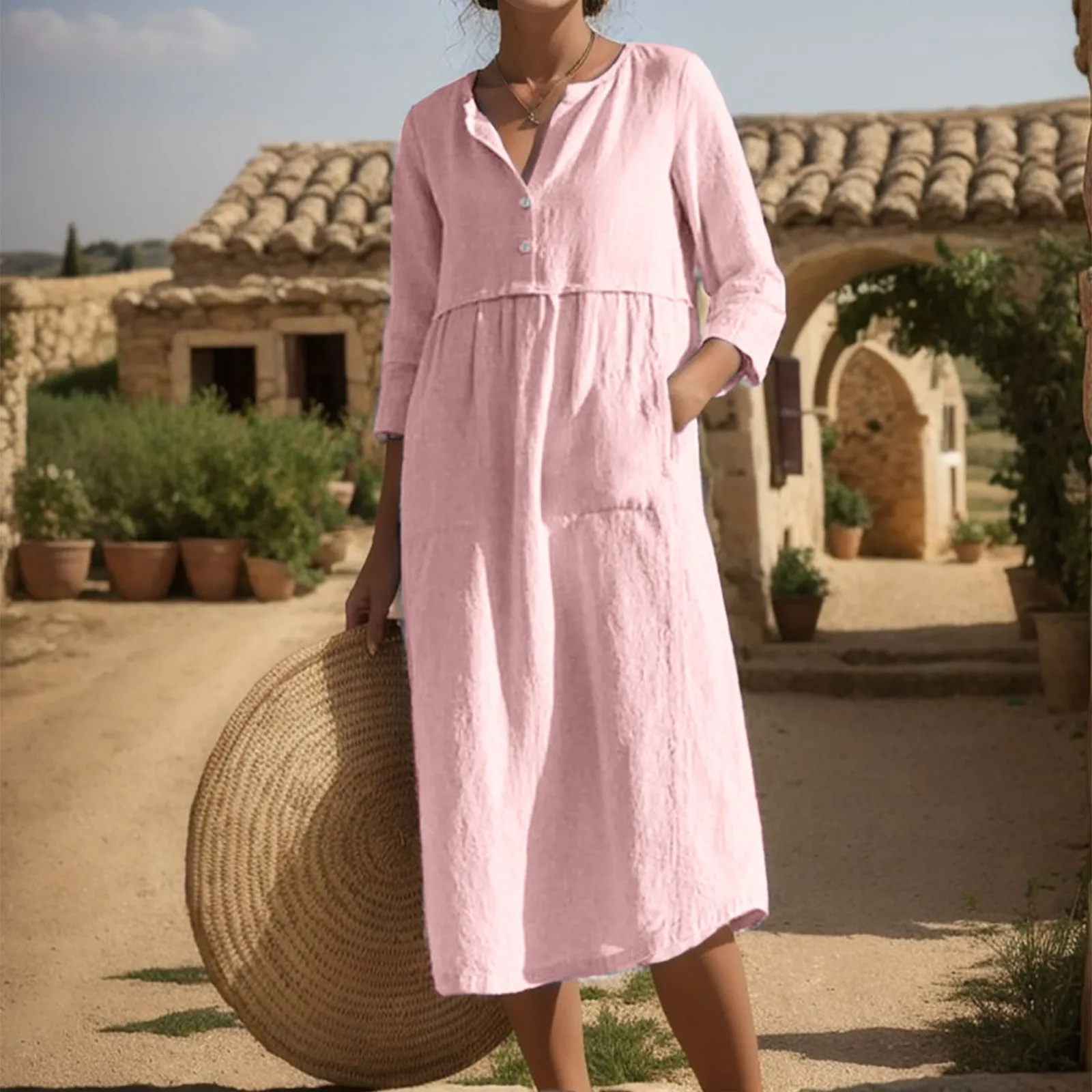 2024 Spring Women Round Neck Button Pocket Cotton Linen Sleeve Dress Casual Solid Color Dress Vintage Fashion Dress with Pocket
2024 Spring Women Round Neck Button Pocket Cotton Linen Sleeve Dress Casual Solid Color Dress Vintage Fashion Dress with Pocket