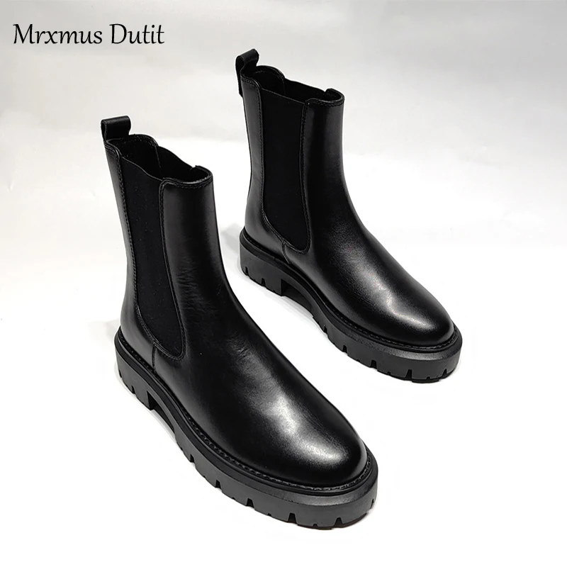 

Новинка осени 2024, модные женские ботинки Mrxmus Dutit в английском стиле из натуральной кожи на толстой подошве, однотонные простые женские ботинки челси